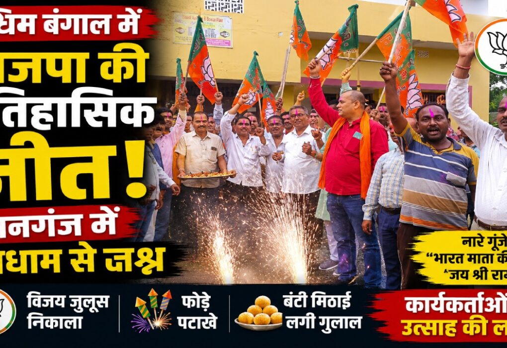 हसनगंज में पश्चिम बंगाल भाजपा जीत पर विजय जुलूस और पटाखे फोड़ते भाजपा कार्यकर्ता